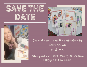 artist with her work and "Save the date" text