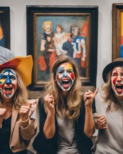 people cheering at art