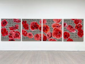 painting of flowers with text