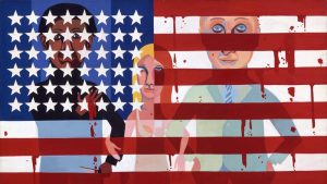 painting of people behind bleeding American flag