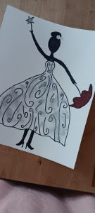 black and white painting of a silhouette of a woman