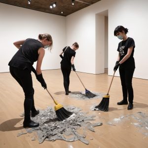 people cleaning up paint on a gallery floor