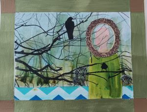 painting of a faceless person in branches with 2 birds