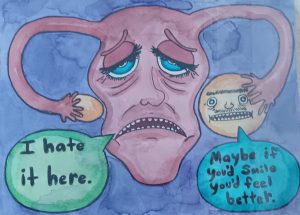 painting of a ovarian cyst frowning