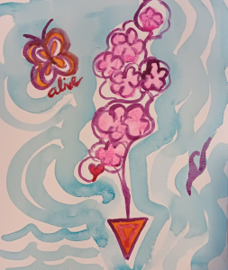 watercolor with symbols including a butterfly, flowers, a triangle, a heart and blue wave background