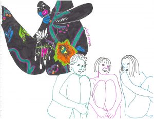 drawing of three woman in front of art