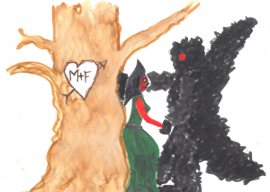 illustration of monsters by a tree
