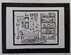 ink drawing of an interior space